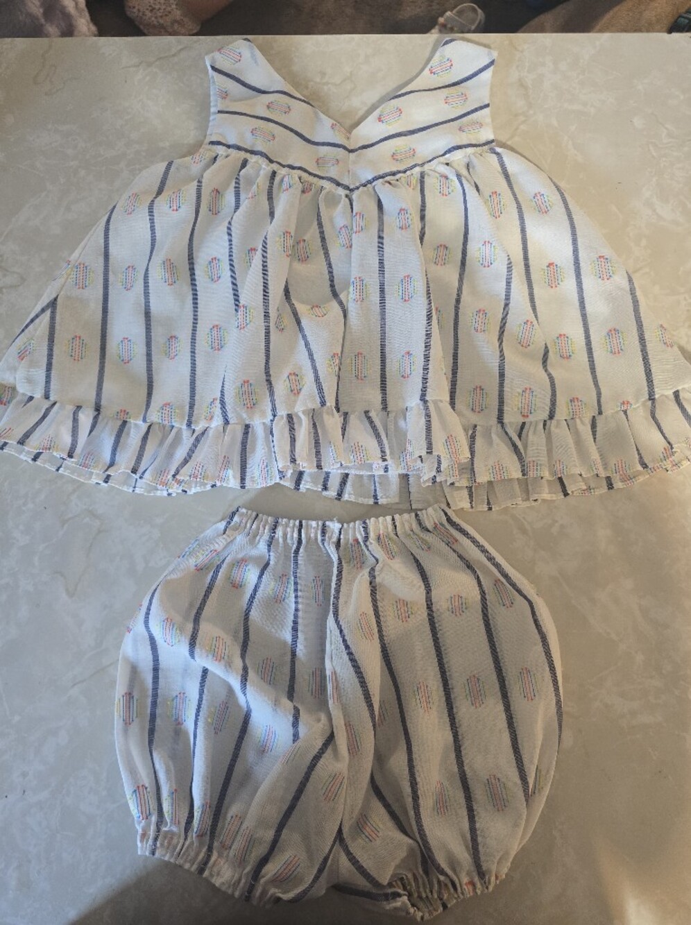 Baby Girl Striped Ruffle Two-Piece Dress And Bloomer Set in White and Blue 24m